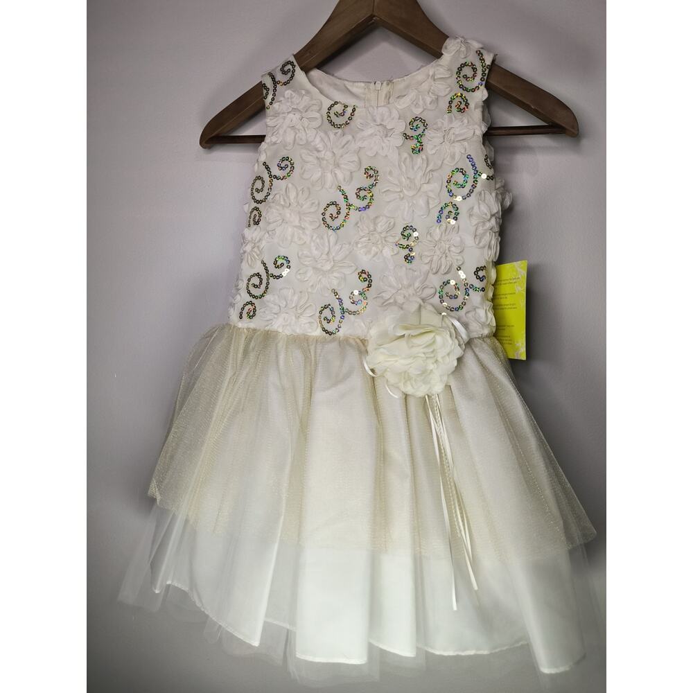 Petite Adele Ivory Dress with tulle and silver sequin detail
